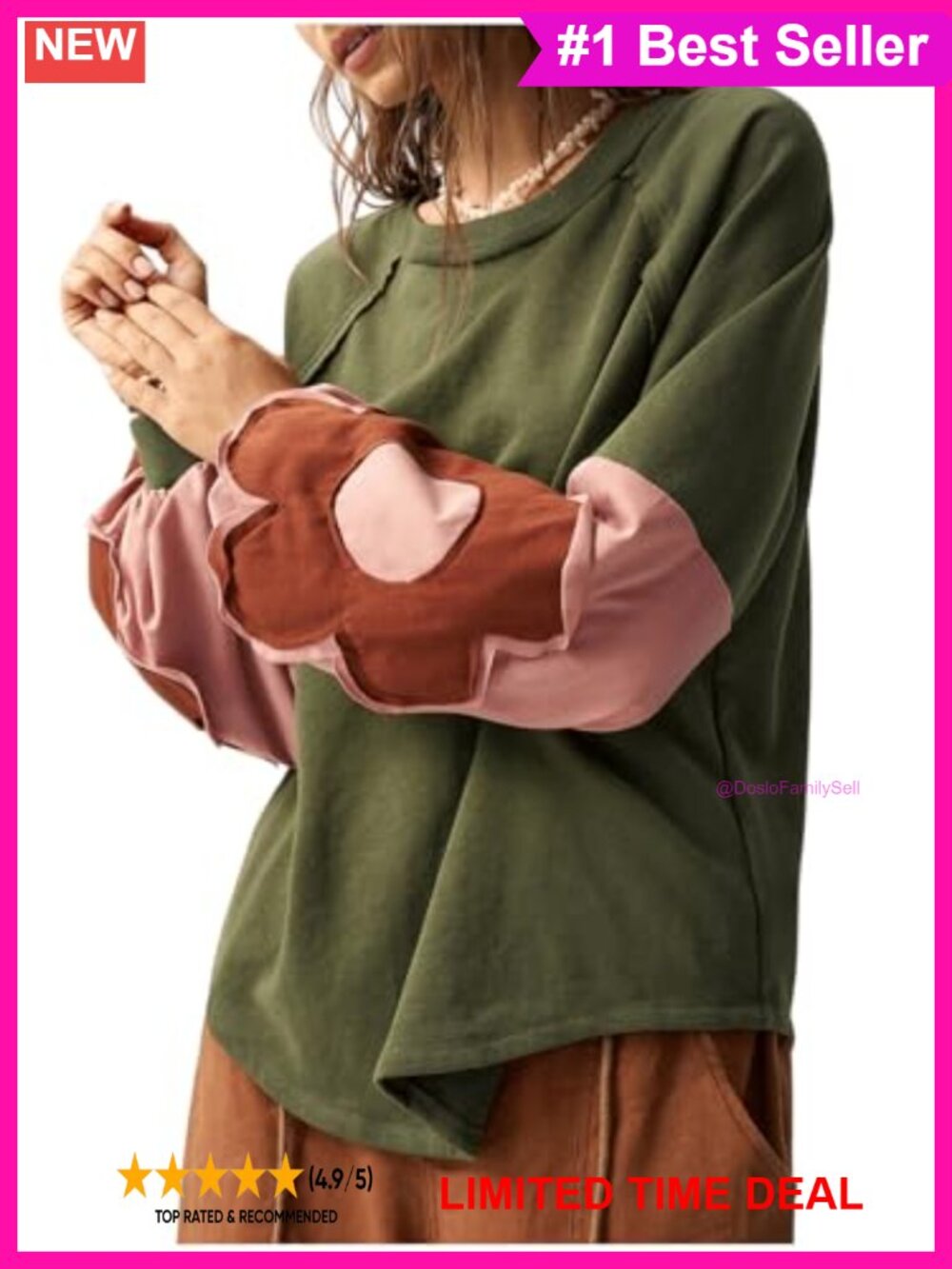 Oversized Boho Floral Colorblock Crewneck Sweatshirt